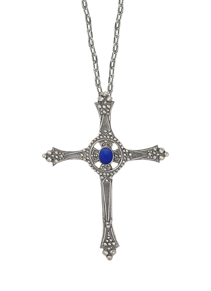 Sterling Silver Baroque Cross Pendant With Blue Onyx